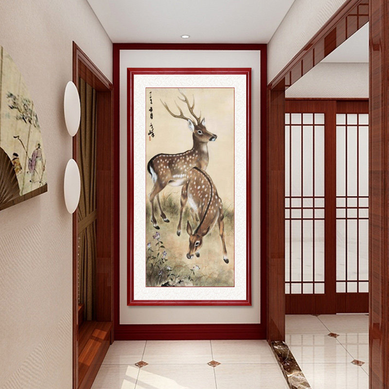 富禄双全中式入口装饰画竖版走廊过道壁画梅花鹿中国画双禄画挂画
