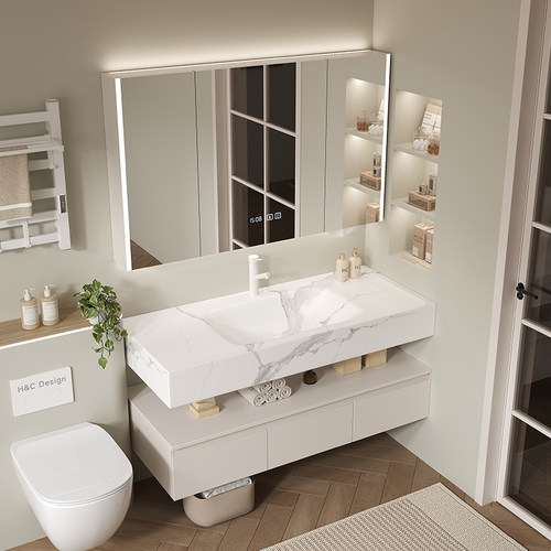 防水不锈钢岩板热弯一体盆浴室柜