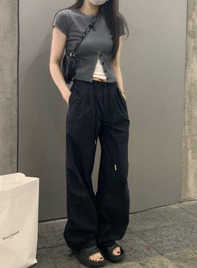 留下 1992 夏季黑色降落伞美式工装裤女百搭薄款抽绳两穿直筒裤女
