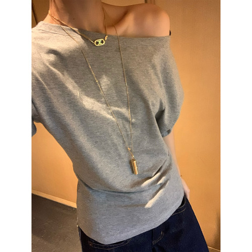 四色宽松休闲短袖斜肩T恤女