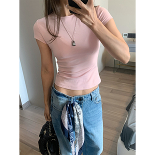 留下 1992 夏季百搭基础款修身显瘦收腰基础小圆领短袖正肩T恤女