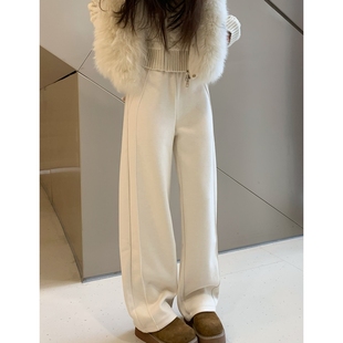 休闲长裤 秋冬新品 羊毛呢阔腿裤 女窄版 女 加绒加厚米白色直筒弯刀裤