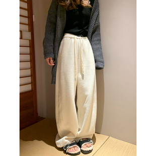直筒运动裤 留下 女休闲百搭糯米裤 秋冬白色加绒加厚阔腿裤 女 1992