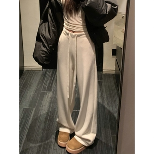 女白色阔腿裤 留下 不挑人极简桑蚕丝羊毛呢直筒裤 秋冬窄版 女 1992