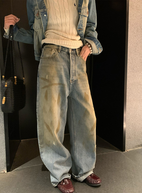 留下 1992 早春重工水洗牛仔裤女百搭宽松泥脏脏休闲弯刀阔腿裤女
