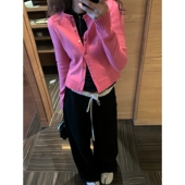 1992 针织毛衣开衫 新款 短款 女 时髦粉色百搭纯色羊毛修身 留下