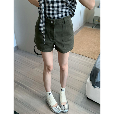 全棉水洗做旧大口袋工装短裤女夏