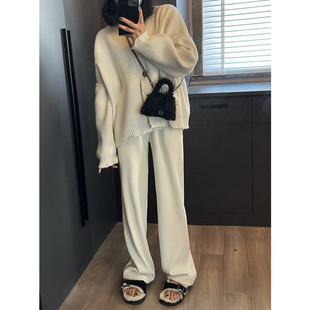 女 女高腰垂坠显瘦保暖宽松直筒裤 留下1992 秋冬针织欧棉绒阔腿裤