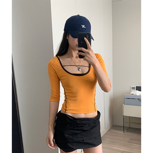 弹力撞色修身连帽中袖T恤女上衣