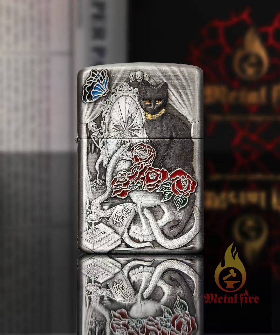 正版Zippo防风煤油打火机 古银破镜蛇猫双面雕刻填漆套壳男士送礼