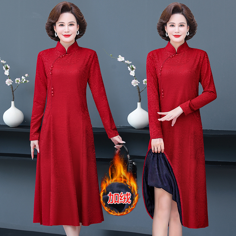 高贵妈妈冬加绒连衣裙改良新款旗袍裙洋气中年女装显瘦中长款裙子