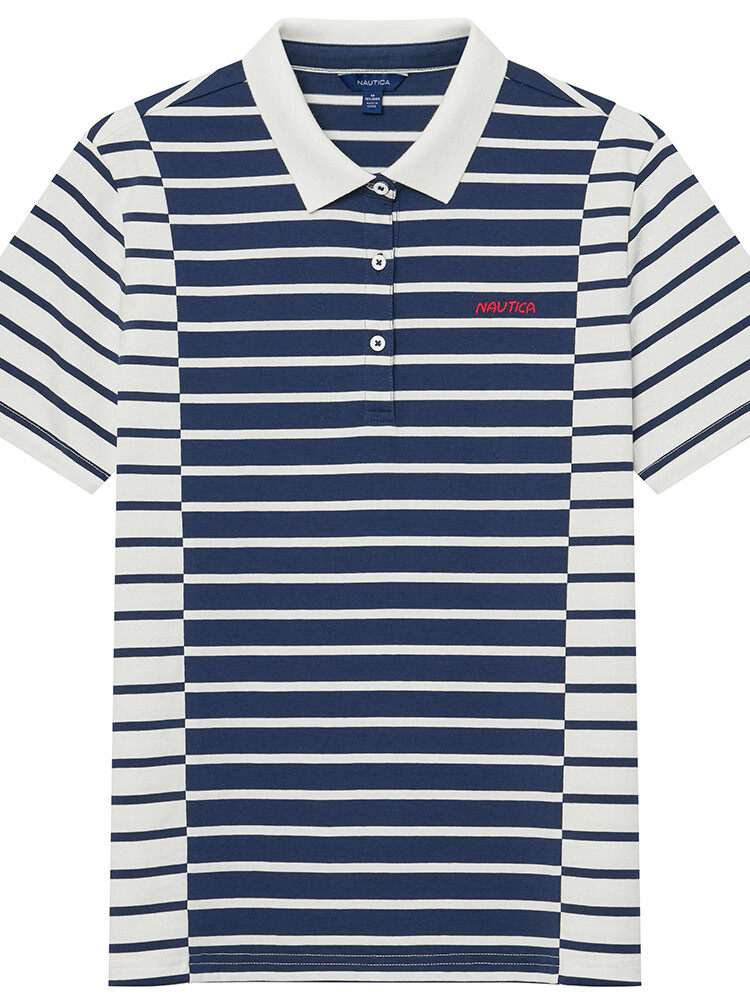 NAUTICA WOMENS SUMMER NEW COTTON SOFT FASHION STRIPE STITCHED POLO SHIRT 42KO04