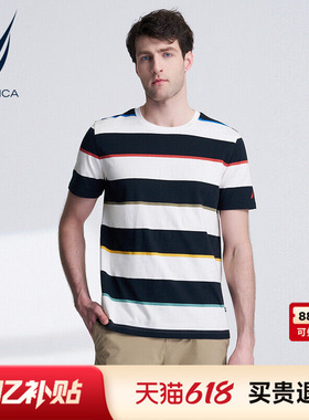 NAUTICA/诺帝卡男装夏季全棉汗布透气时尚条纹短袖T恤TO4218