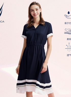 NAUTICA/诺帝卡女装夏季时尚透气学院风收腰显瘦V领连衣裙21DO14