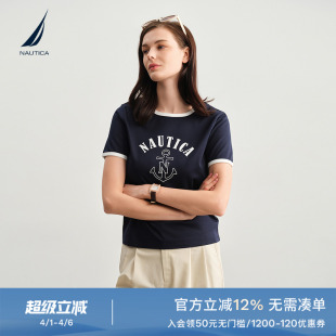 新品 NAUTICA 诺帝卡女装 26夏季 圆领T恤 潮酷印花撞色长绒棉短袖
