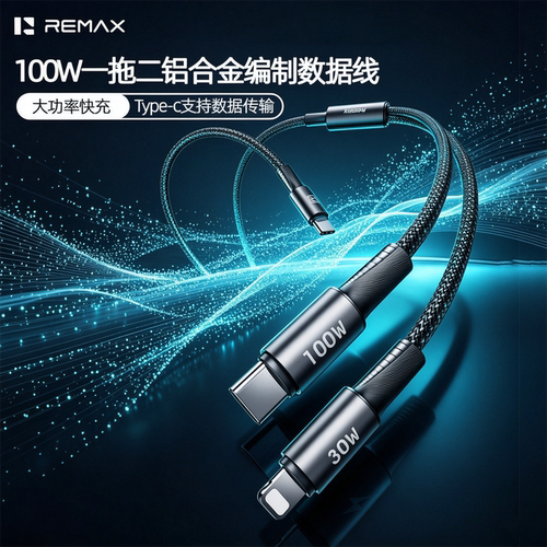 Remax/睿量  一转二PD快充线 Typec to typec+Lightning二合一充电线PD100W 30W二分二适用于苹果184三星手机