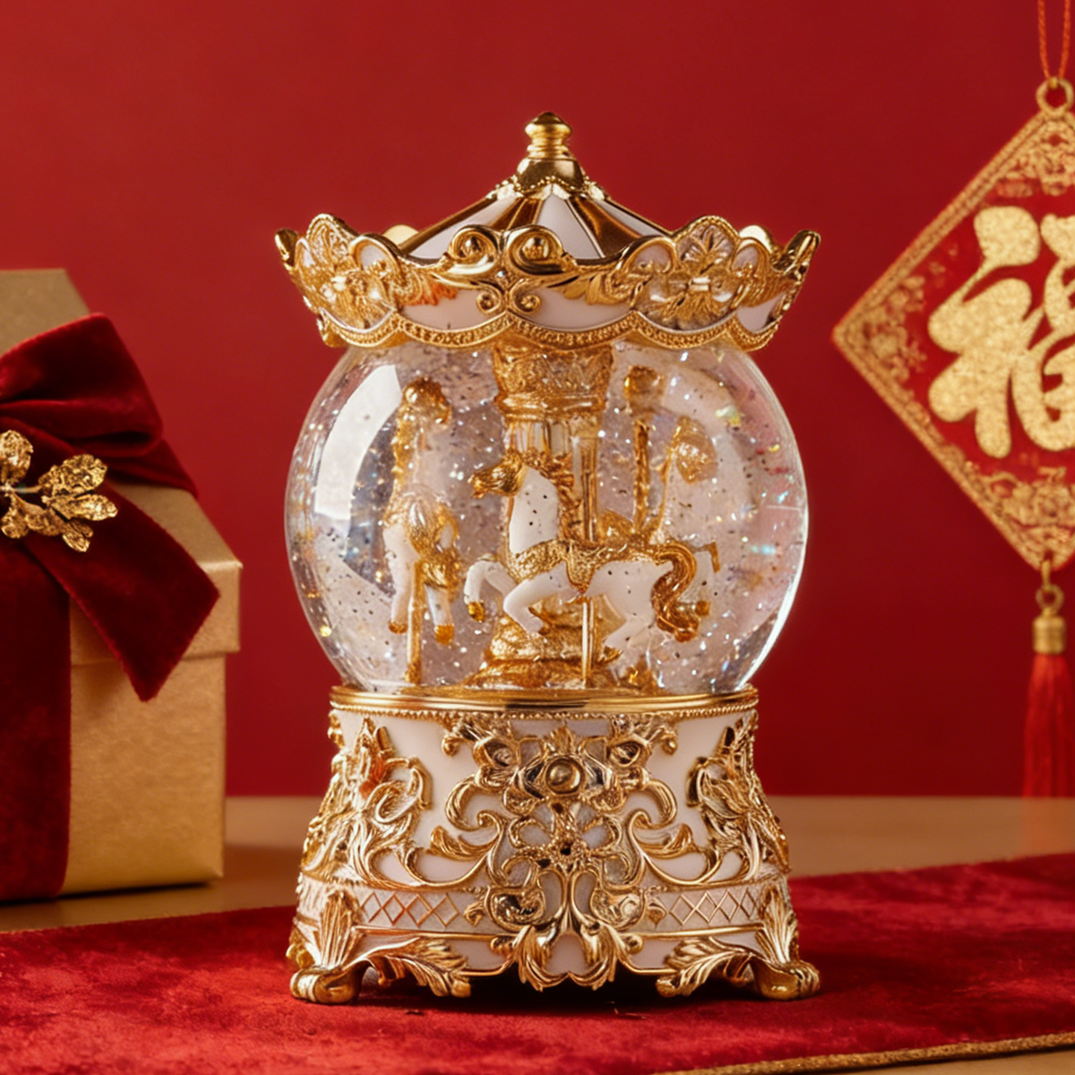 旋转木马八音盒水晶球欧式音乐盒摆件生日礼物鸟之诗儿童房装饰品