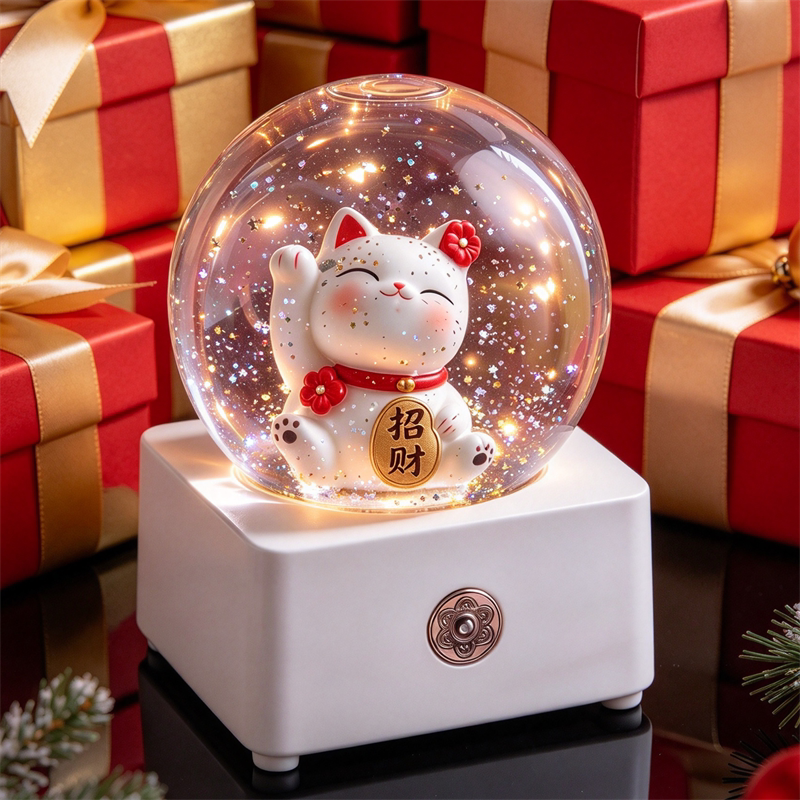 招财猫飘雪水晶球八音盒小夜灯