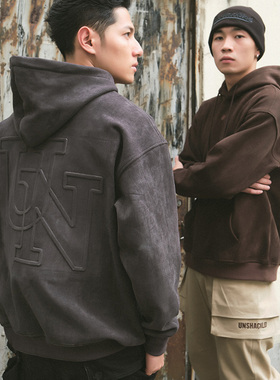 UNSHACKLED潮牌美式重磅街头麂皮帽衫连帽卫衣男秋冬宽松外套杨政