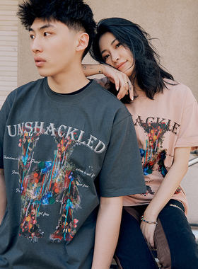 UNSHACKLED潮牌短袖夏白墨直喷美式复古花卉T恤情侣宽松杨政原创