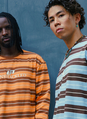 UNSHACKLED美式三色条纹男女宽松打底衫百搭圆领长袖T恤杨政原创