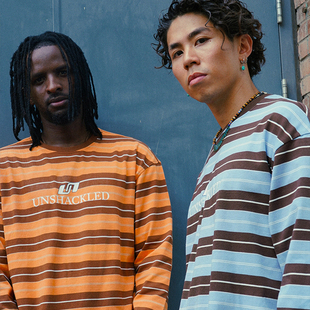 UNSHACKLED美式三色条纹男女宽松打底衫百搭圆领长袖T恤杨政原创