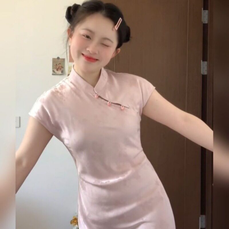 大码胖MM新中式改良粉色旗袍连衣