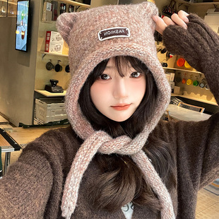 帽子冬季百搭可爱小熊大头围加厚毛绒帽护耳保暖显脸小冬天套头帽