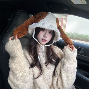 比帽比格犬大耳帽冬季可爱毛绒帽子防风保暖焦糖狗可爱百搭渔夫帽