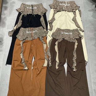 辣妹风高腰休闲长裤 2025秋季 纯色美式 裤 新品 百搭豹纹拼接屁帘工装