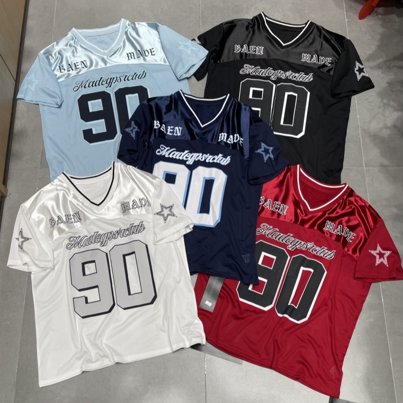 2025夏季美式复古V领数字球衣男女潮牌运动速干网眼训练服短袖t恤