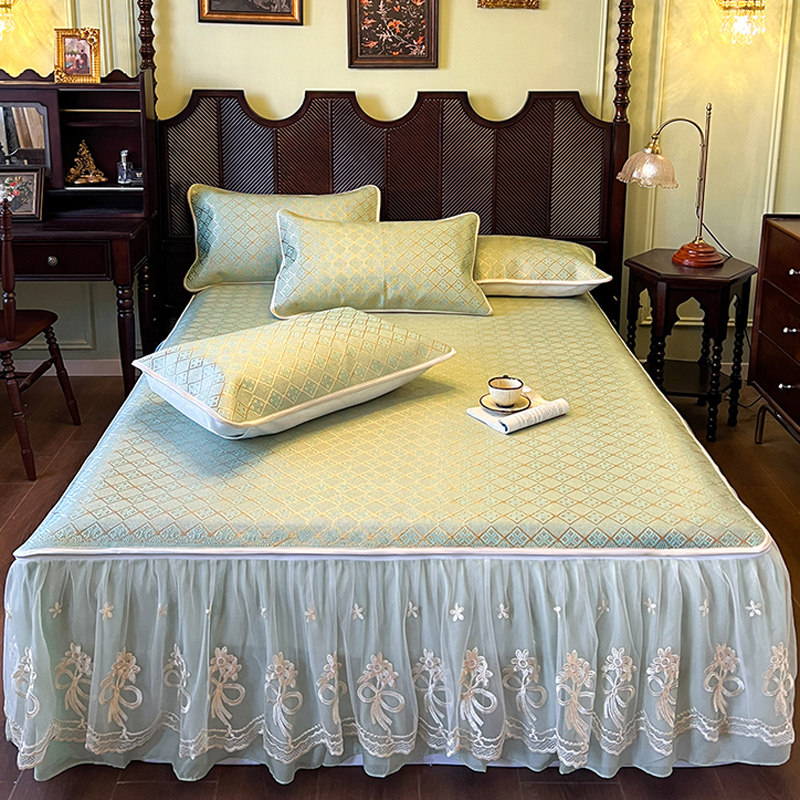 夏季冰藤席三件套床裙款蕾丝花边冰丝凉席床罩可水洗折叠空调凉席,床上用品,藤席,淘宝优惠券,粉丝福利购,淘宝优惠卷