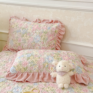 秋冬田园风碎花夹棉绗缝牛奶绒枕套一对装 加厚保暖荷叶花边内胆套