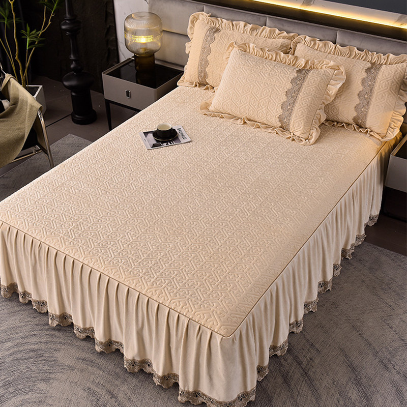 轻奢纯色婴儿绒夹棉浪漫花边床裙床罩三件套秋冬加厚防滑保暖床单,床上用品,床裙,淘宝优惠券,粉丝福利购,淘宝优惠卷