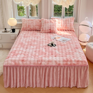 秋冬保暖牛奶绒兔毛绒床裙式 床罩三件套水晶绒加绒床垫保护罩单件