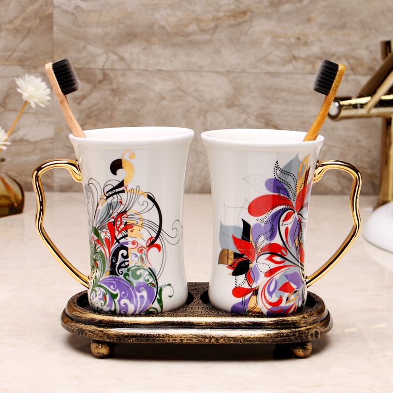 简约家用陶瓷情侣洗漱杯子漱口杯刷牙杯卫浴套装创意贴花可爱牙缸