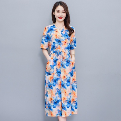 中老年女装妈妈装棉绸连衣裙