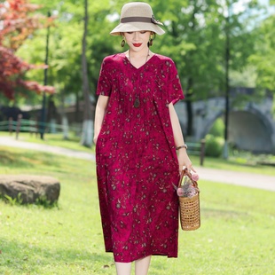 短袖 钱丽娜妈妈装 棉绸连衣裙女中长款 加肥加大中老年夏装 长裙 新款