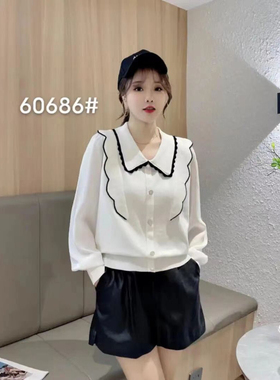 60686春季新款翻领洋气减龄长袖针织衫女雪纺冰丝纱袖拼接别致