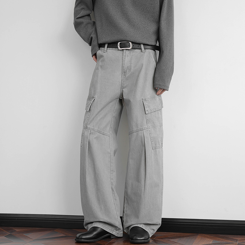 秋冬新款休闲工装大口袋裤100%纯棉半橡筋纽扣皮带款百搭长裤，男装休闲裤，奇怪漫猴工厂店