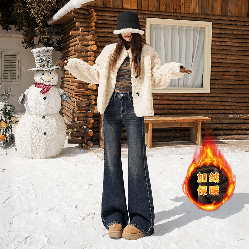 加绒保暖弹力绣花微喇牛仔裤女宽松不贴腿复古喇叭裤显瘦百搭，女装休闲裤，奇怪漫猴工厂店