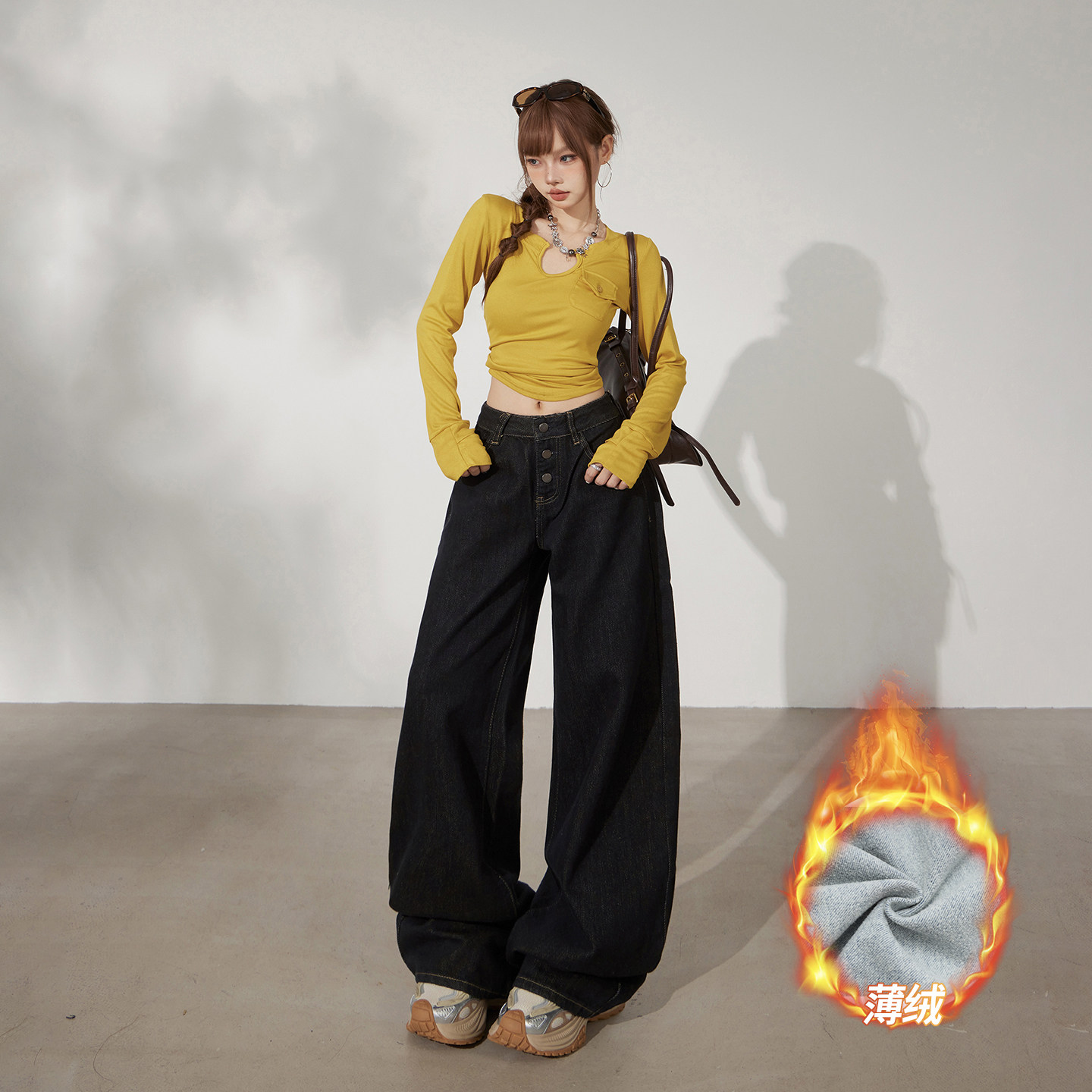 YC&美式复古低腰宽松阔腿裤小众排扣秋冬百搭直筒牛仔裤女加绒，女装休闲裤，奇怪漫猴工厂店