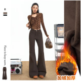 美式复古微喇牛仔长裤秋冬加绒保暖舒适百搭修身显瘦垂感拖地慵懒，女装休闲裤，奇怪漫猴工厂店