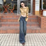 喇叭修身做旧复古美式水洗纹理褶皱新款秋冬舒适拖地长裤牛仔裤，女装休闲裤，奇怪漫猴工厂店