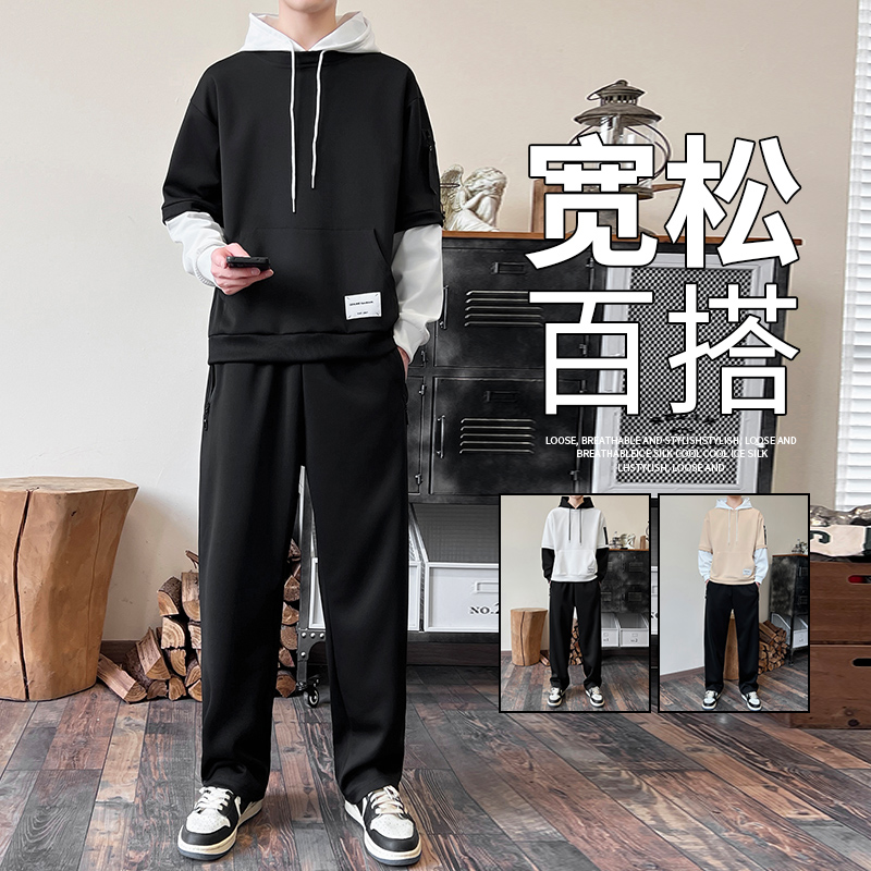 春秋季连帽假两件套头长袖卫衣套装男士新款运动长裤休闲两件套，男装休闲套装，奇怪漫猴工厂店