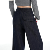 丹宁蓝阔腿牛仔裤2025年秋冬新款高腰显瘦撞色刺绣时尚加绒直筒裤，女装休闲裤，奇怪漫猴工厂店