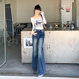 美式微喇牛仔长裤修身显瘦新款女生秋冬拖地舒适口袋猫纹复古水洗，女装休闲裤，奇怪漫猴工厂店