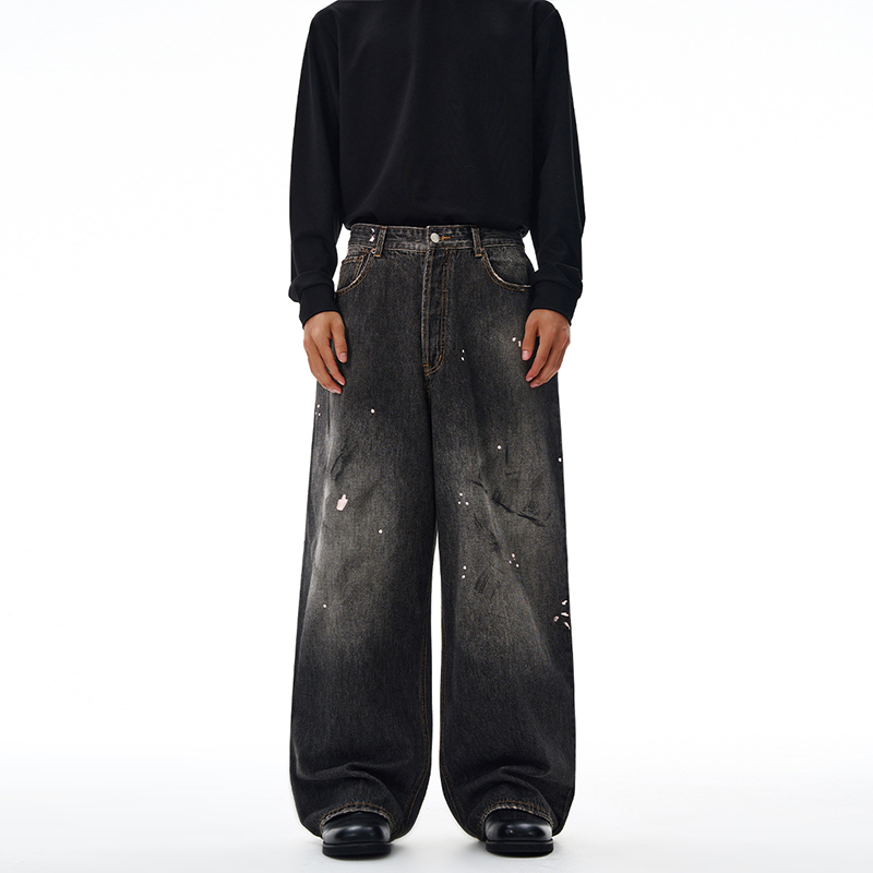 2025秋冬AC家脏染泼墨黑灰色宽松牛仔裤男直筒阔腿潮牌2023m长裤，男装牛仔裤，奇怪漫猴工厂店