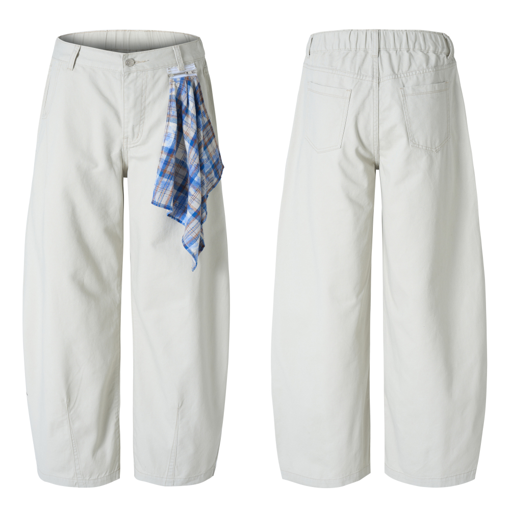 2025早秋美式巴黎灰休闲裤男女宽松弯刀潮牌蓝色格子挂布长裤，男装休闲裤，奇怪漫猴工厂店