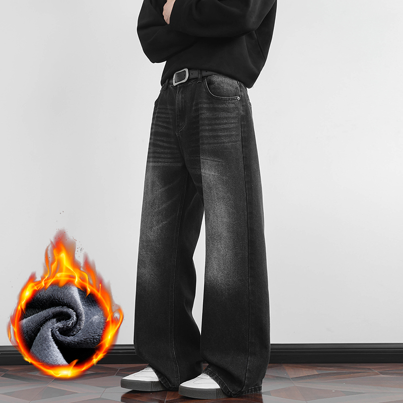 冬季加绒重磅美式水洗2021M版型百搭牛仔裤男女宽松微喇（限价79，男装牛仔裤，奇怪漫猴工厂店
